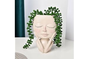 Luyi-Life Cute Girl Head Planter Pots Succulent Face Flower Pot Closed Eyes Resin Cactus Planter with Drainage Hole Indoor Outdoor Plant Pot for Home Office Decoration