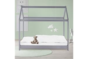 ML DESIGN MODERN LIVING ML-Design Cama Infantil 80x160cm con Techo y Somier Estructura Listones de Madera de Pino Maciza Gris Claro Forma de Casita Diseño Creativo Mueble de Dormitorio Mobiliario Casa-Cama para Niños