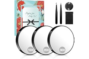 MIYADIVA förstoringsspegel-set, 10x & 20x & 30x sugkopp sminkspegel, 2 pincetter och förvaringsväska. 8,9 cm kompakt spegel för resor, badrum, hem, presenter för kvinnor