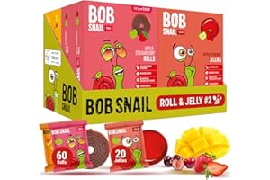 BOB SNAIL ROLL Bob Snail Dried Fruit Roll Ups & Jelly candy 80pcs, 800g Snack Variety Pack for Kids, Healthy Fruit Snacks with Mango, Strawberry & Cherry - Vegan, No Added Sugar