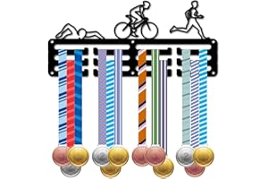 CREATCABIN Présentoir pour Porte Médailles de Triathlon 30+ Porte Médailles en Métal Noir Étagère de Rangement Petit Cadre Mural à Suspendre pour la Course à Pied la Natation Le Cyclisme 29x13cm