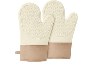 Silicone Oven Mitts, Heat Resistant up to 500°F — Non-Slip Cooking Gloves with Soft Lining, Waterproof and Easy-Clean Kitchen Essentials for Baking, Roasting, BBQ, One Pair (Beige)