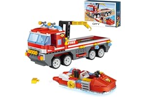 COGO City Fire Set di Costruzioni Giocattolo di Camion dei Pompieri con Barca di Soccorso Pompieri Gioco con 3 Vigili del Fuoco Giochi per Bambini Regalo Bambino di Compleanno dai 6 Anni in su 354 Pezzi
