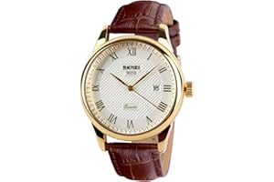 SKMEI Forrader Orologi da uomo analogici al quarzo cinturino in pelle con numeri romani impermeabili alla moda business casual orologi da polso per uomo, Oro/Marrone, cinturino