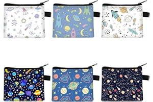 Fubuuf 6 Pièces Porte Monnaie Enfant, Mini Portefeuille Spatial avec Imprimé Étoiles et Planètes, Portable Petit Sac à Fermeture Éclair Multifonction pour Pièces, Clés, Écouteurs, Coin