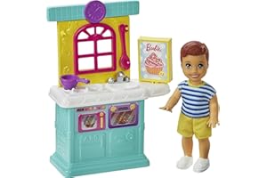 Barbie Famille Skipper baby-sitter coffret Jouons à Cuisiner avec mini-poupée garçon, éléments de cuisine et accessoires, jouet pour enfant, GRP16