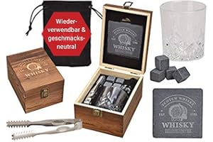 WOMA Whisky Steine Set I 4 Kühlwürfel inkl. Untersetzer, Edelstahlzange, Whiskey Glas & hochwertiger Holzbox I Wiederverwendbare Eiswürfel für Whiskey Wodka Gin Rum Tequila & Cocktails