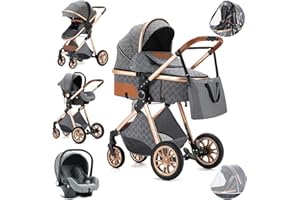 Gcarebb Kinderwagen 3 in 1, Kinderwagen Buggy Mit Auto Babyschale, Mit Einem Klick Zusammenklappbarer Tragbarer Kinderwagen Komplettset, KombiKinderwagen Mit Aluminiumrahmen für Neugeborene