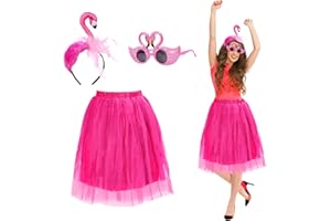 LAMEK 3pcs Hawaiian Costume Accessories Flamingo Fancy Dress Adults Kids with Flamingo Hairband Sunglasses Skirt for Hawaii Tropical Summer Beach Luau Party Fancy Supplies