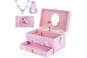 hombrima Musik Schmuck Box mit Schublade Halskette Armband, Musikalischer Schmuck Aufbewahrungskoffer mit Spinning Ballerina Geschenk Set für Kinder Mädchen Kinder Tochter