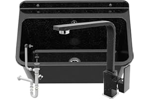 Granitan Ausgussbecken für Garage Keller Werkstatt - Universal Waschtrog mit Siphon und Waschtischbatterie - Waschbecken Wandmontage aus Polypropylen - 61x41x30 cm