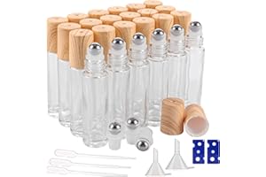 CYEER 24 Pièces Flacons Roll-On Vides 10ml, Flacons en Verre Transparent pour Huiles Essentielles, Spa, Massage, Aromathérapie