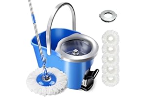 MASTERTOP Seau Essoreur à Pédale et Balai à Franges en Microfibre, Set Serpillère Rotative 360° avec Manche Téléscopique et Seau (Bleu), Offre 5 Tampons Microfibre + 1 Tête de Brosse