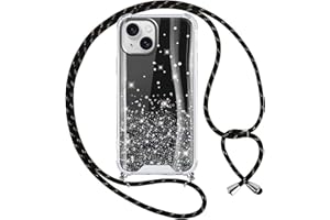 Vauki Funda con Cuerda para iPhone 15, Glitter Brillante Carcasa con Correa, Silicona Transparente Case con Ajustable Collar, Rígida PC AntiChoque Cordón Caso para iPhone 15, Negro