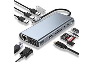 SZPACMATE USB C HUB, Docking Station, 11-in-1 USB C Adapter mit 4K-HDMI, VGA, USB 3.0 Port, Type C PD, Ethernet RJ45 Port, SD/TF-Kartenles, 3.5mm AUX, Kompatibel für MacBook Pro/Air, More Type C Geräte