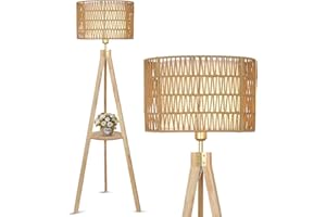 Rayofly Lampadaire Salon, Lampadaire en Bois avec Etagère, Lampe sur Pied Vintage avec Abat-jour en Rotin & Lin, Lampe sur Pied en Rotin avec Trépied, Rétro Floor Lamp, Plancher Boho pour Chambre