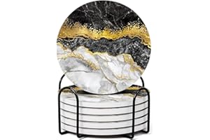GRISHA Coasters Set of 6 - Homeware Marble desigh Coasters Ceramic - Coasters with Holder and Cork Base,Home accessories,Coaster(Drinks) cup and Table decor,10cm 4inch. (Marble Black and Gold)