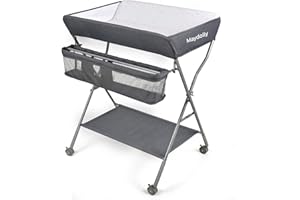Maydolly Foldable Baby Nappy Changing Table with Wheels and Storage Basket, Waterproof Surface and Height Adjustable, Portable Newborn Diaper Changing Unit, Mobile Infant Changing Station (Darkgrey)