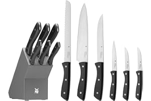 WMF Profi Select - Juego de 7 Piezas, 6 Cuchillos con Soporte de madera lacado en Color Gris, Hoja de Acero Templado con Filo de Larga Duración