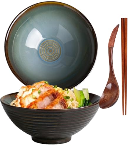 4 Bols à Ramen Japonais En Céramique - 1,18 Litre Avec Baguettes, Cuillères Et Supports | Pour Soupe, Nouilles, Salade