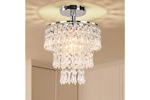 FRIXCHUR Small Crystal Chandelier Silver Ceiling Light Flush Mount Chandelier Light Fixture Ceiling Mount for Dining Room Bedroom Hallway Foyer Closet,7.9 Inch, Chrome