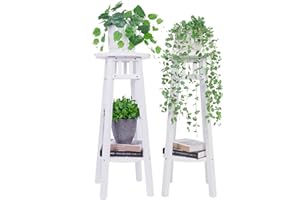 unho Porte Plante Intérieur Lot de 2, Étagère de Plantes Extérieure Bois Blanche Scandinave Support Plante Rond avec 2 Étagères pour Jardin Terrasse Balcon Salon - φ32x79cm