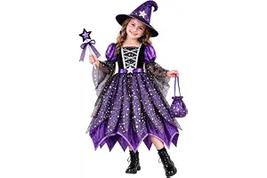 Disfraz de Bruja Niña Halloween, 4 Piezas Disfraz Bruja Niña con Vestido de Tul Estrellas, Sombrero, Varita Mágica y Bolsa, Traje Bruja para Fiesta Cosplay Carnaval