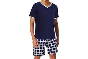 Bresdk Męska piżama zestaw letnia bawełniana bielizna nocna z krótkim rękawem dekolt w serek piżamy z kieszeniami miękka odzież domowa piżama dla mężczyzn