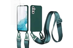 vrupin kompatibel mit Samsung Galaxy A54 5G Handykette Hülle,[2 Stück Schutzfolie 9H Härte Gehärtete Folie].Necklace Hülle Nylon Schultergurt Weich Flüssiges Silikon-Dunkelgrün
