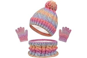 TMEOG Kids Hat Scarf Gloves Set 3 in 1 Knitted Outdoor Sports Winter Accessories Thermal Toddler Gloves Snood Bobble Hat for Girls Boys