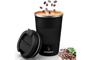 MOMSIV Thermobecher Isolierbecher, 13oz/380ml Rutschfest Edelstahl Travel Mug, Kaffeebecher aus Doppelwandig isoliert Vakuum auslaufsicher Reisebecher mit Deckel Kaffee-to-go Becher, Schwarz