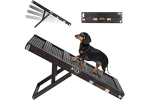 Pawaboo Rampa para Perros Plegable, Rampa para Mascotas de Madera 4 Alturas Ajustables de 13,6" a 21" con Alfombra Antideslizante, Escalera para Perros Pequeños Gatos para Sofá, Negro