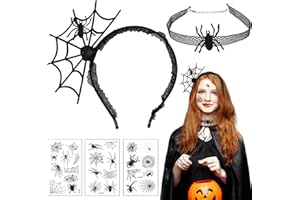 Boyigog Halloween Spider Headband with Spider Choker Set, Spider Web Hair Band Spider Necklace 3PCS Tattoo Sticker, Spiderweb Hair Accessories for Kids Women Girls Costume Party