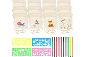 Lvefyti 12 Stück Stoffbeutel zum Bemalen für Kinder, 17×13cm Kinder Umhängegeldbeutel mit 12 Farbe Stiften & 4 Malschablonen, DIY Beige Brustbeutel für Geburtstagsfeier Schule Feier