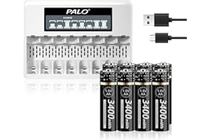 PALOGREEN Pile AA Ricaricabili Con Caricabatterie - 8 Slot Caricabatterie Indipendente per AA AAA 1.5v Litio Batterie Ricaricabili con 8 pcs 3400mWh AA Pile
