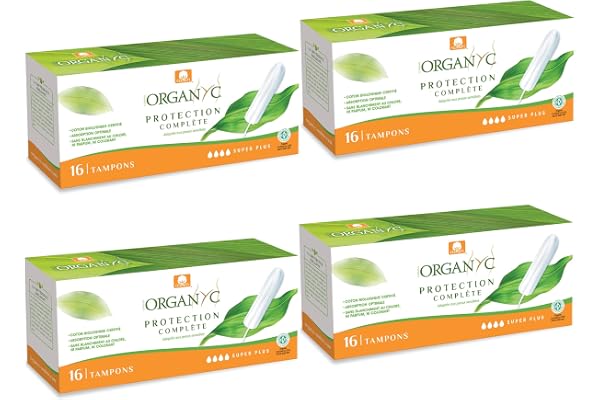 Organyc Tampons 100% coton bio certifié SUPER PLUS - 4 boîtes de 16 tampons (Total: 64 unités)