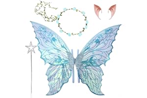 Ruichi Fairy Wings for Adult, Fairy Wings Costume for Adult Kids, Halloween Christmas Costume, Butterfly Wings Dress Up, Fairy Costume Set with Wands, Flower Headband, Elf Ears