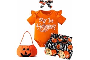 Dr. MUYA Baby Unisex Halloween Bekleidungsset Outfit Mein Erstes Halloween Neugeborene Kostüm Kürbis Fledermaus Stirnband mit Schleife Kürbistasche