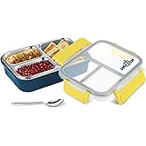 MILTON Fun Feast Bento Lunch Box, Inner Stainless Steel, PU Insulation, 3 Compartments, 4-Side Lock,Includes Steel Spoon,BPA 
