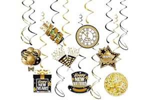 PEJLND New Years Eve Decorations 2026 Hanging Swirls, Happy New Year Decorations 2026 Black Gold Hanging Swirls Streamers Cheers New Year's Eve Ceiling Decorations Party Supplies for Home Indoor Outdoor