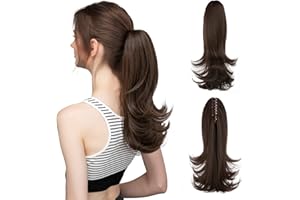 CJL HAIR Short Claw Clip Ponytail Hair Extension Drawstring Synthetic Fake Hairpiece for Women 14" Straight Ponytail with End Curls Dark Brown