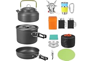 VINTEAM Aluminium Camping Mess Kit with Folding Stove, Silver, 6 Person, Lightweight, Hiking