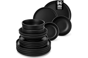 vancasso Black Crockery Sets for 6 People, Elegant 24 Piece Dinner Set with Matte Glaze, Modern Style Playa Dinner Sets for 6 People