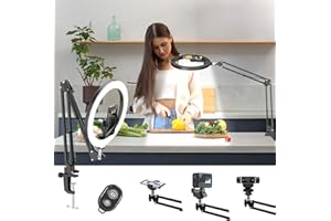 LUXSURE Ring Light with Stand & Phone Holder, Desk Ring Light 10" LED with Remote Control, Overhead Phone Mount for Ring Linght, Phone Recording Stand for Cooking/Vlog/Makeup/Live Stream/Nail Art