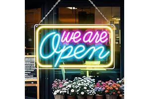 LEDLIGHTSWORLD LED Neon We Are Open Signs, 16.5''x 9'' Open Sign for Business, Neon Open Sign with ON/OFF Switch, Light Up Electric USB Powered Sign for Stores, Hotel, Bars, Restaurant (Pink&Blue&Yellow)