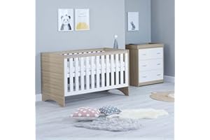 Babymore Veni 2 Piece Nursery Room Set Oak White - 1 Baby Cot Bed & 1 Chest Changer With 3 Double Handle Drawers, Wooden Chest Of Drawer Storage Cabinet | 2 Piece Nursery Room Furniture Oak White
