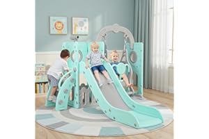 MAMIZO Toboggan et Balançoire, Toboggans Enfant, 5 en 1 Toboggan Bebe avec Balançoire,Télescope, Espace de Rangement, Escaliers, Aire de Jeux Intérieure et Extérieure, Vert Gris, Module 2PCS