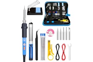 MOXTOYU 17-in-1 Electric Soldering Iron Kit, 60W Soldering Iron with Adjustable Temperature 220-480℃, ON/Off Switch, 5 Soldering Tips, Desoldering Pump, Wire Stripper, Tweezer, Stand, Tool Case