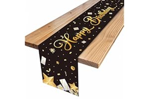 KEPMOV Happy Birthday Table Runner, 13 x 72 Inch Black Gold Table Runners, Birthday Table Linens Reusable Black Gold Table Covers for Dining Decor Men Women Birthday Anniversary Party Decorations Supplies