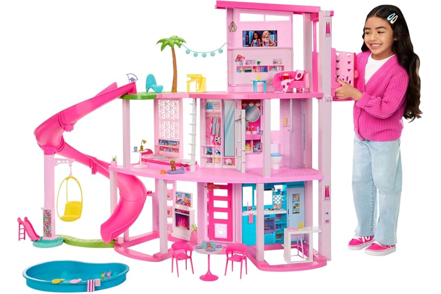 Barbie Dreamhouse, 3-Storey House with 10 Play Areas Including Pool, Slide, Elevator, 75 Doll Accessories, Toy Puppy, Adult Assembly Required, Toys for Ages 3 and Up, One Toy House, HMX10